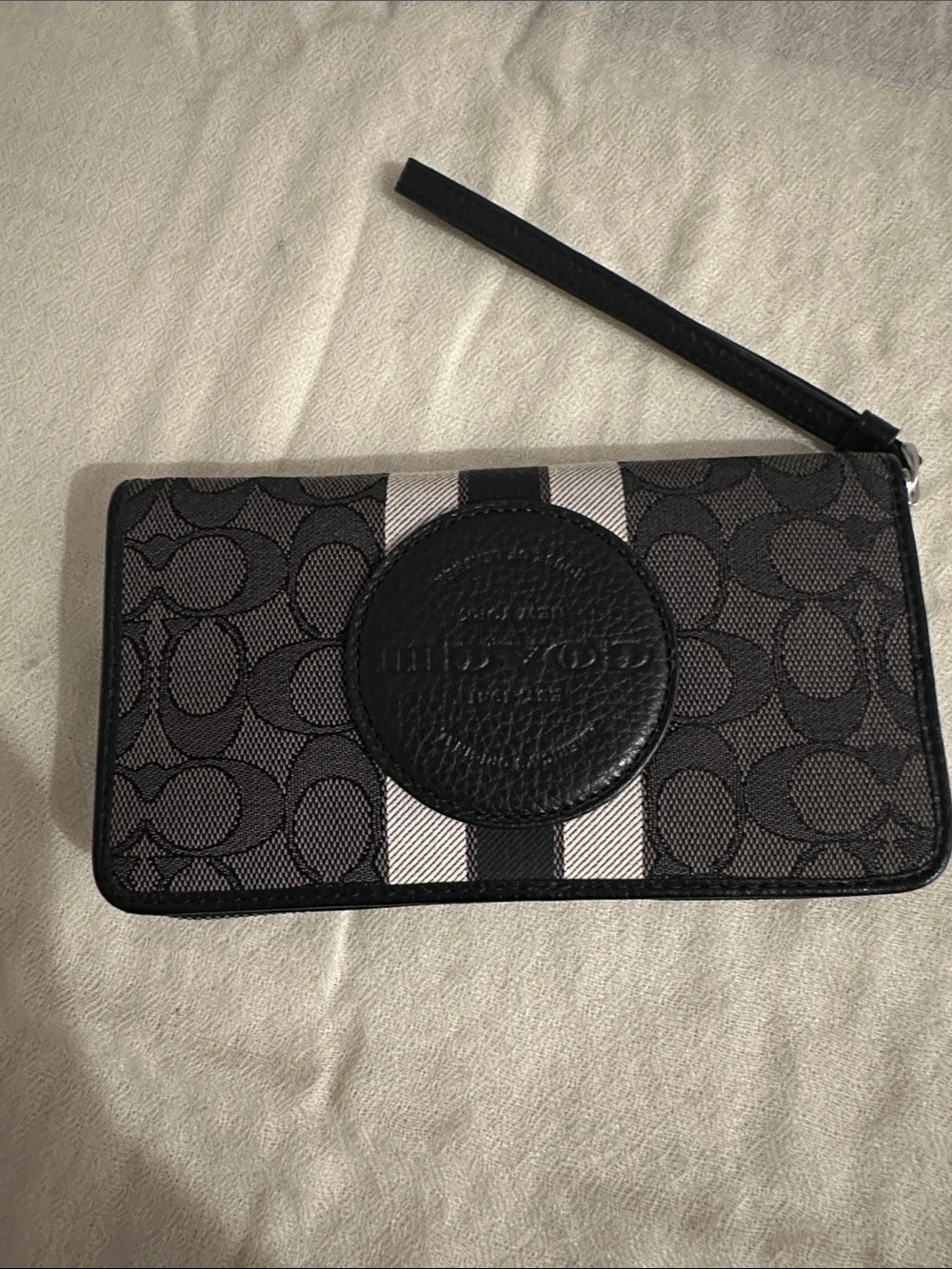 Coach Black Signature Stripe Wristlet Phone Case with White Accent